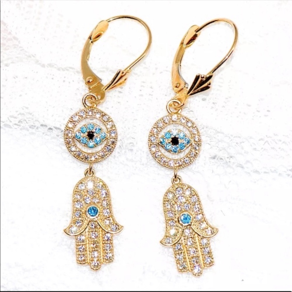14k pure yellow gold hamsa evil eye earrings